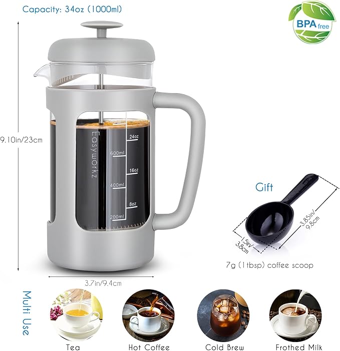 Easyworkz French Press 34 oz Coffee Tea Maker Bundled with Stainless Steel Double-Wall Espresso Cups