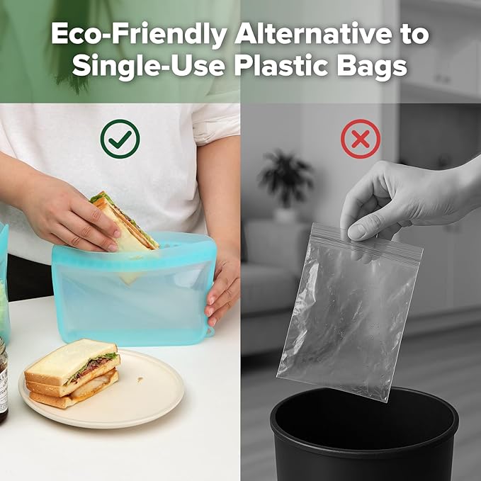 Haakaa Dot Seal Reusable Silicone Food Storage Bags, 2 Pack- Silicone Leakproof Freezer & Sandwich Snack Bags, BPA Free Food Containers, Microwave & Dishwasher Safe, Turquoise (500ml, 1000ml)