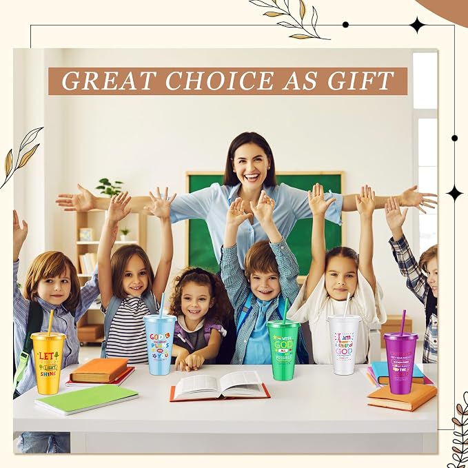 Uiifan 30 Pcs VBS Christian Cups for Kids Bulk, Reusable Plastic Tumblers with Lids and Straws, Bible Verse Cups for Sunday School, VBS, Church Events, Classroom Rewards, Kids Party (Multicolor)