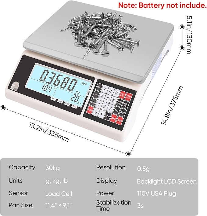 Industrial Counting Scale 30kg/0.5g Precision Electronic Gram Scale for Parts and Coins Piece Counting Scale, Digital Inventory Counting Scale (g/kg/lb)