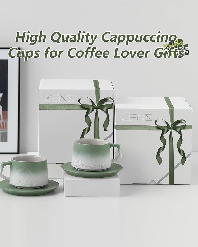 ZENS 8 Ounce Artistic Cappuccino Cups Set of 2, Embossed Ceramic Coffee Mug with Saucers for Latte Art, Moss Green & White