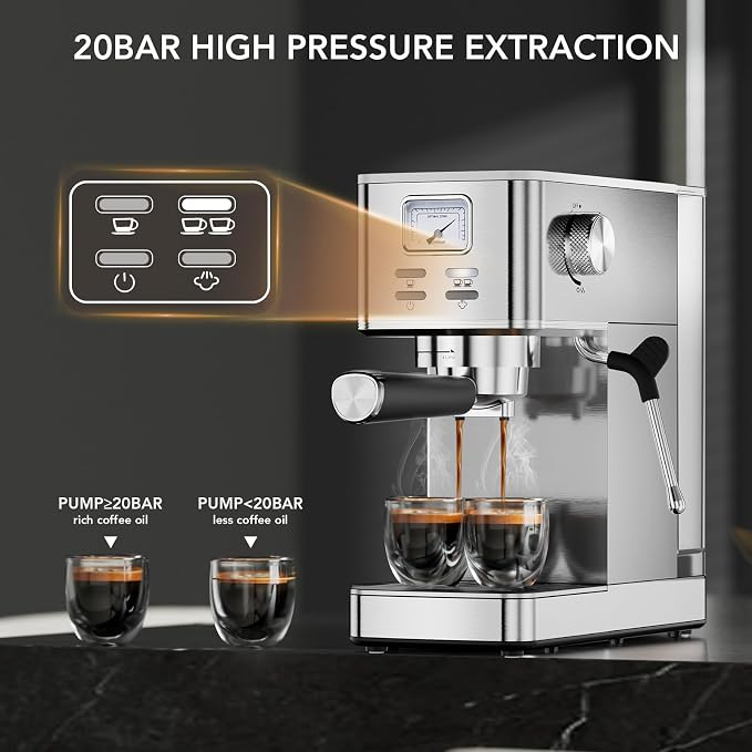 COWSAR Espresso Machine 20 Bar, Compact Espresso Maker with Milk Frother, Visual Pressure Gauge, Commercial Coffee Machine, 47oz Removable Tank/Capsule Funnel, for Cappuccino, Latte, Stainless Steel
