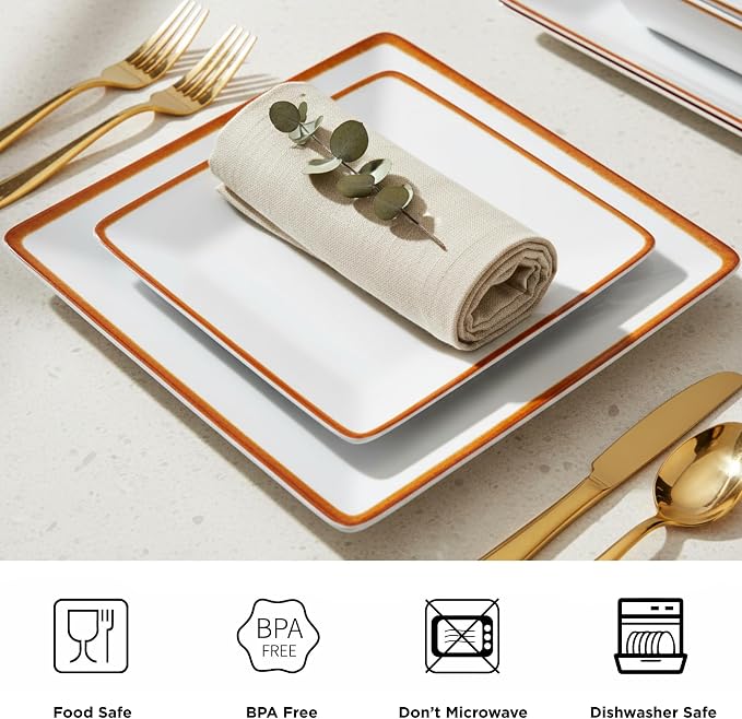 TP 12-Piece Melamine Dinnerware Sets, Plates and Bowls Dishes Set for 4, Break-Resistant & Non-Microwavable, Lightweight Square Dinner Plates, White with Rim