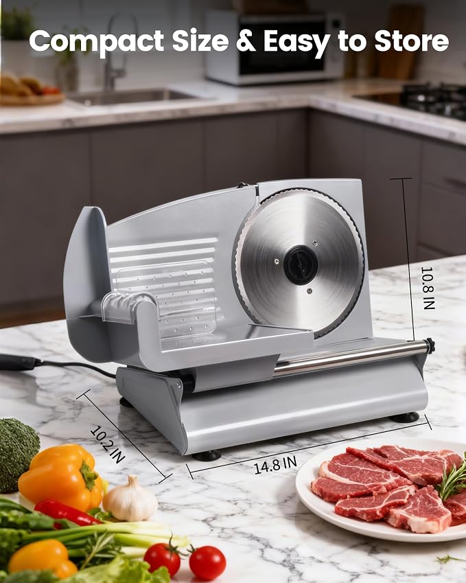 Pterying Meat Slicer Machine for Home - 200W Electric Food Slicer with 2 Removable 7.5" Stainless Steel Blades and Tray, Adjustable and Child Lock Protection, Slicer Machine for Meat Bread