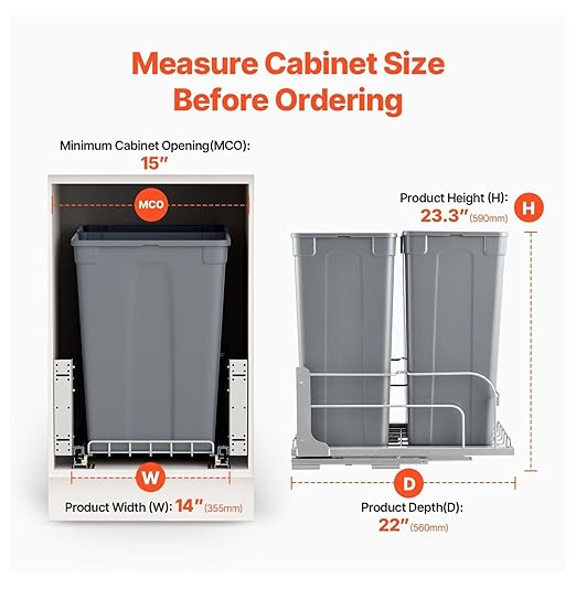 Double Pull Out Trash Can, 50QTx2 Kitchen Waste Container with Soft Close - Grey - Under Cabinet Sliding Bin for Kitchen, Home, Office