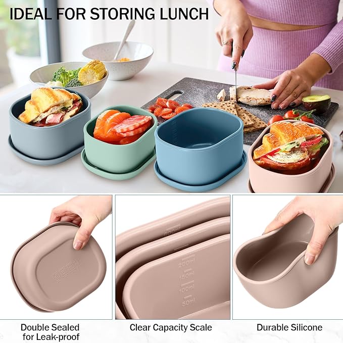 Blushtier 12 Pcs Silicone Food Storage Containers with Lids Reusable Silicone Snack Container 3 Size Silicone Lunch Box Bento with Lids Freezer Dishwasher Safe,6.7oz, 10oz, 20oz(Mo Landi Color)