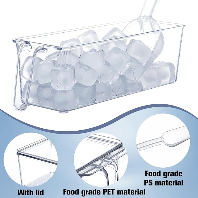 Havawish Ice Storage Bin for Freezer with Lid and Flexible Scoop Set Plastic Ice Container with Lid Handle for Home Office Fridge Storage (12.4 x 3.94 x 3.94 Inches,Clear,2 Pcs)