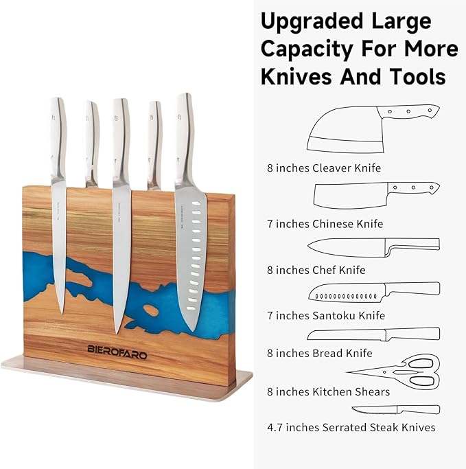 Magnetic Knife Block with Steel Base, Double‑Sided Knife Holder Made of Acacia Wood for Chef Knives, Modern Kitchen Countertop Organizer, Blue Resin River Design
