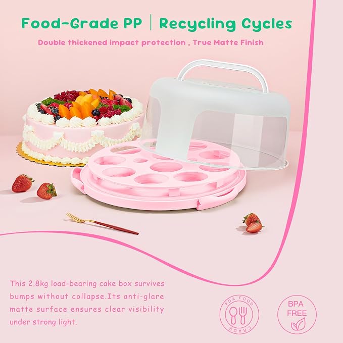 Cake Carrier With Lid And Handle, Bpa-Free Cake Holder With Lid For 10 Inch Round Cake Carrier With 10 pcs Round Golden Cake Boards And Portable Insulated Bag（Pink）