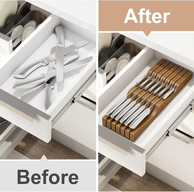 In-Drawer Knife Block Organizer - Bamboo Wood Drawer Knife Organizer-Protecting Knife Organizer Block (Not Included) (Brown, 13 Knives Dock)
