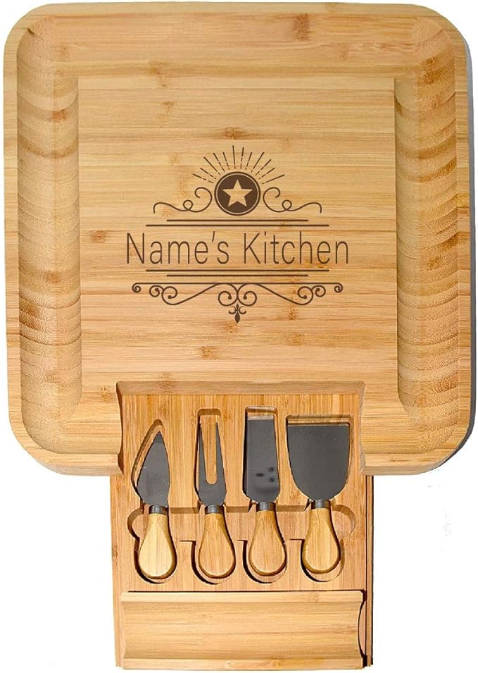 BT Trendz Personalized Charcuterie Board/Customized Bamboo Cheese Board/Serving Tray and Knife Set - Perfect Corporate, Wedding, Closing, Realtor, Birthday, Housewarming Gift - Gift for Dad/Mom (06)