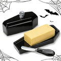 Reallnaive 2 Pcs Coffin Butter Dish with Lid Set with Butter Knife Black Gothic Skull Shape Ceramic Halloween Gothic Horror Kitchen Utensils Gift for Halloween Table Decoration Party Supplies (Stereo)
