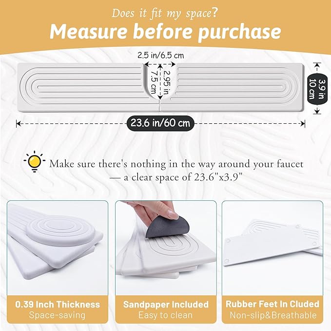 23.6" Faucet Mat for Kitchen Sink, Long Diatomite Fast Drying Stone Sink Tray, Super Absorbent, Prevents Moisture Buildup, Durable Protector for Kitchen Bathroom Counter, Gift for Housewarming, White
