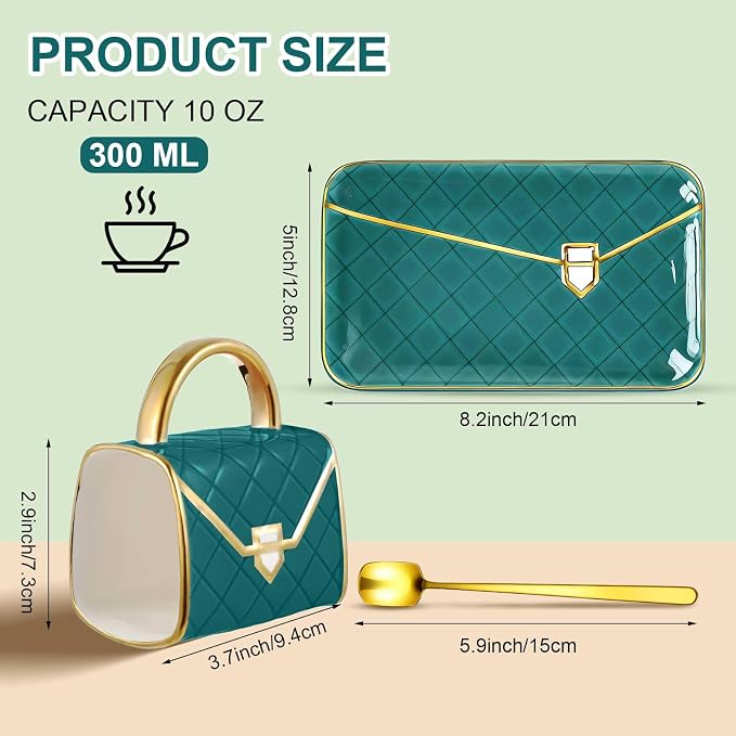 Zubebe 1 Set Coffee Mug Elegant Handbag Shaped Cup Modern Ceramic Purse Mug with Spoon and Saucer, 10oz Cute Creative Tea Cup for Woman Girls Gift (Dark Green)