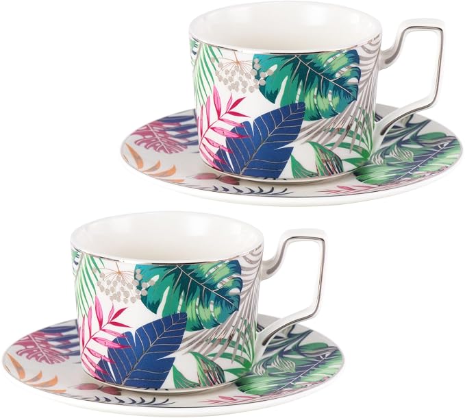 KAMMAK Tea Cups and Saucers Set of 2, Porcelain Coffee Cups, Stackable Espresso Mugs, Ceramic Demitasse for Coffee, Latte, Americano, Tea, Mystery