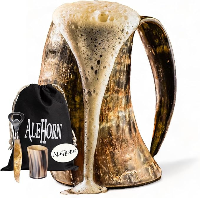 AleHorn Viking Horn Mug, Shot Glass and Bottle Opener Bundle – Handcrafted Natural Ox Horn Tankard for Ale, Mead & Beer – Authentic Medieval Mug – Unique Gift for Men