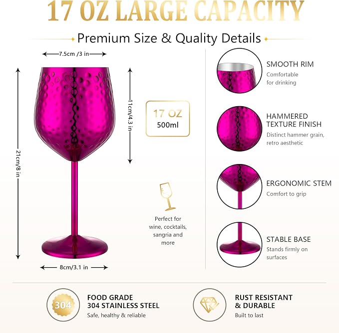 UNISWEET Stainless Steel Wine Glasses Set of 4 Unbreakable (Purple) | 17 oz Large-capacity Hammered Goblets, Lightweight & Reusable, Good for Outdoor, Camping, Pool Travel, Gift for Wine Lovers