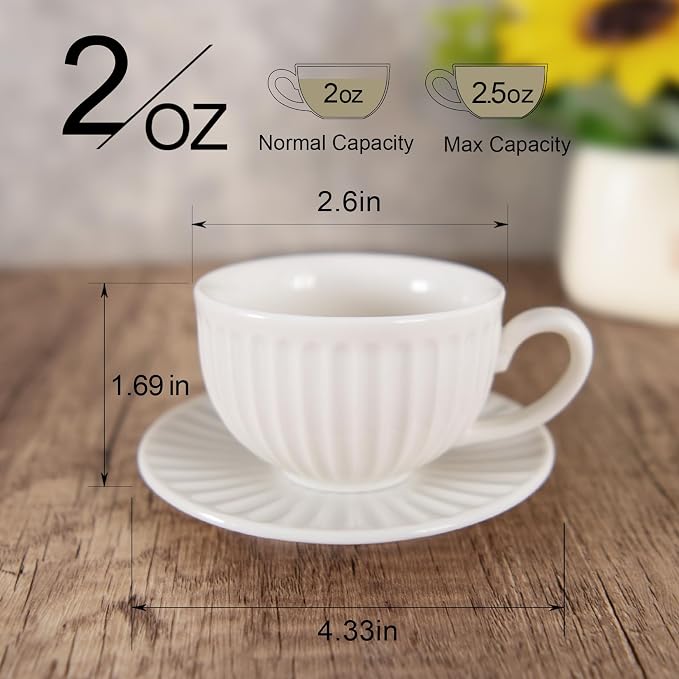 2 oz Espresso Cups Set of 6, Ceramic Cappuccino Cups with Saucers, Stackable Coffee Cup for Macchiato, Double shot, Tea, Coffee Lover Gifts, White