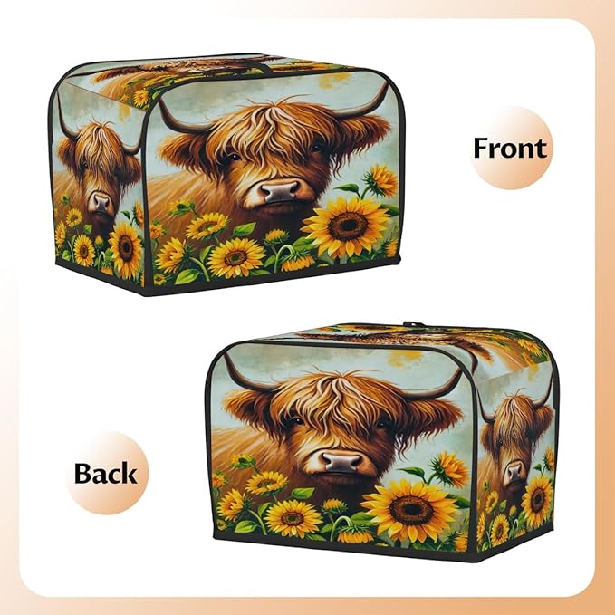 Sunflower Highland Cow 4 Slice Toaster Cover Dust And Fingerprint Bread Maker Cover Bakeware Protector Washable Appliance Covers Kitchen Accessories For Home Kitchen Women Gift