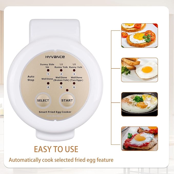 Hyvance Smart Fried Egg Cooker, Automatic Fried Egg Maker for 6 Features like Sunny Side Up, Over Easy, Fully Cooked & More. Auto Power Off, Alarm, Round Shape, Non Stick Coating (White)