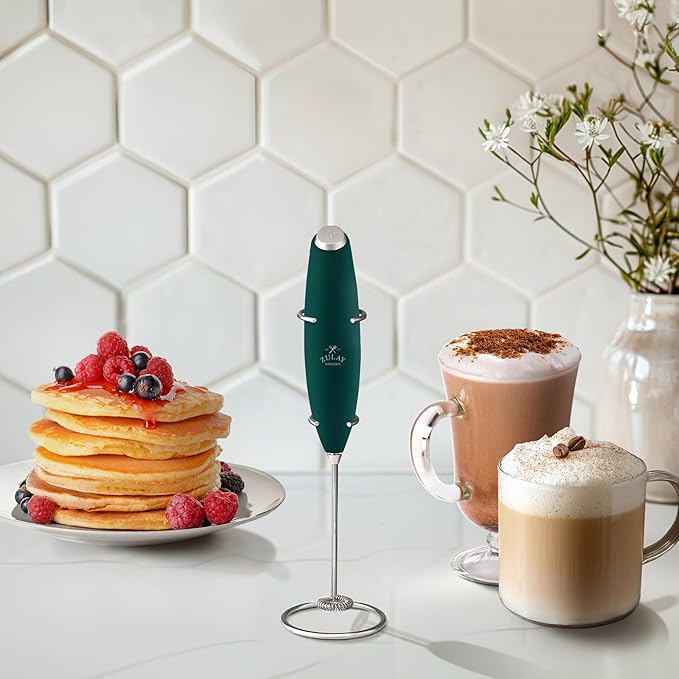Zulay Kitchen Powerful Milk Frother Wand With 4 AA Duracell Batteries - Ultra Fast Handheld Drink Mixer - Electric Whisk Foam Maker for Coffee, Lattes, Cappuccino, Matcha & Creamer - Dark Green