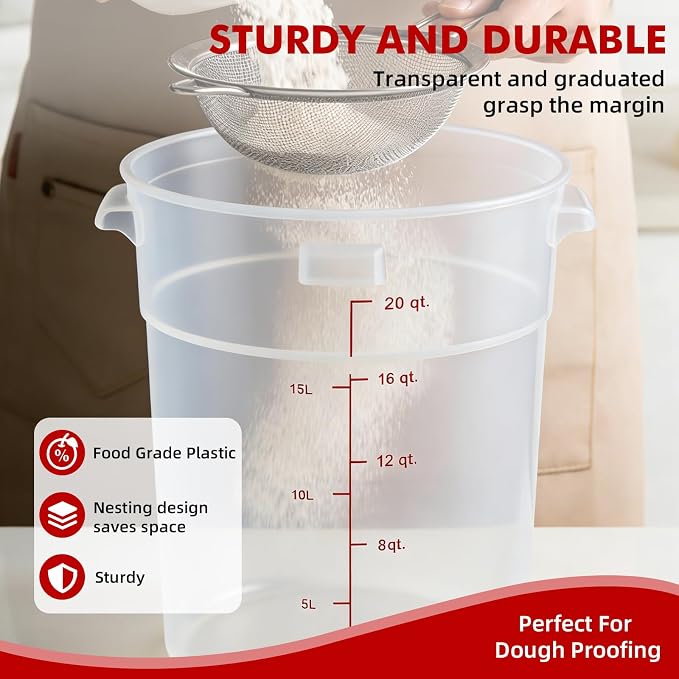 2 Pack Square Food Storage Container With Lid,12-22 Quart Commercial Storage Box With Scale & Handle,Cake Making,Dough Marinating Meat,Kitchen Supplies (polypropylene, Round 21 Quart)