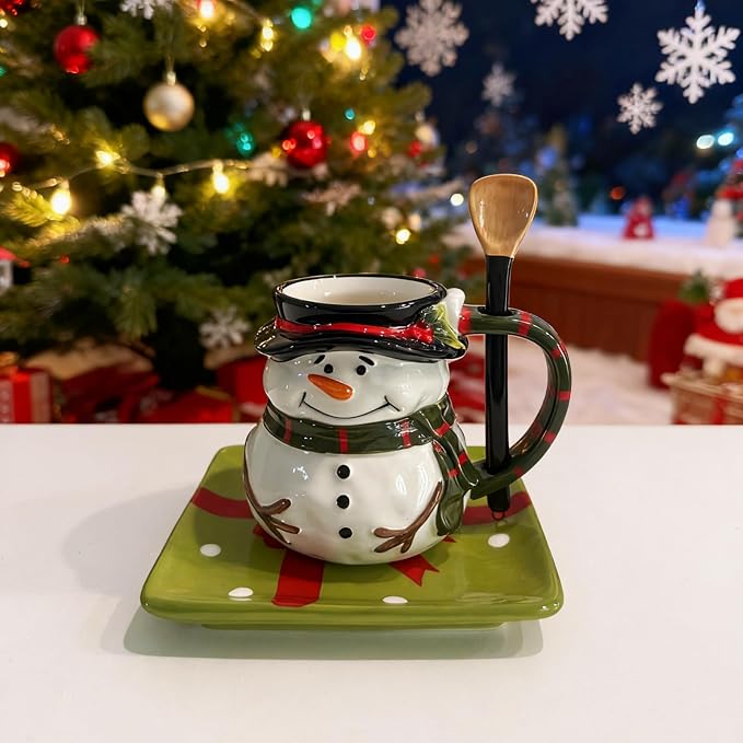 Ceramic Christmas Tea Cup and Saucer Set ，220ML(7.5OZ) 3D Hand-painted Christmas Snowman Coffee Mug，Rectangular Saucer, Spoon