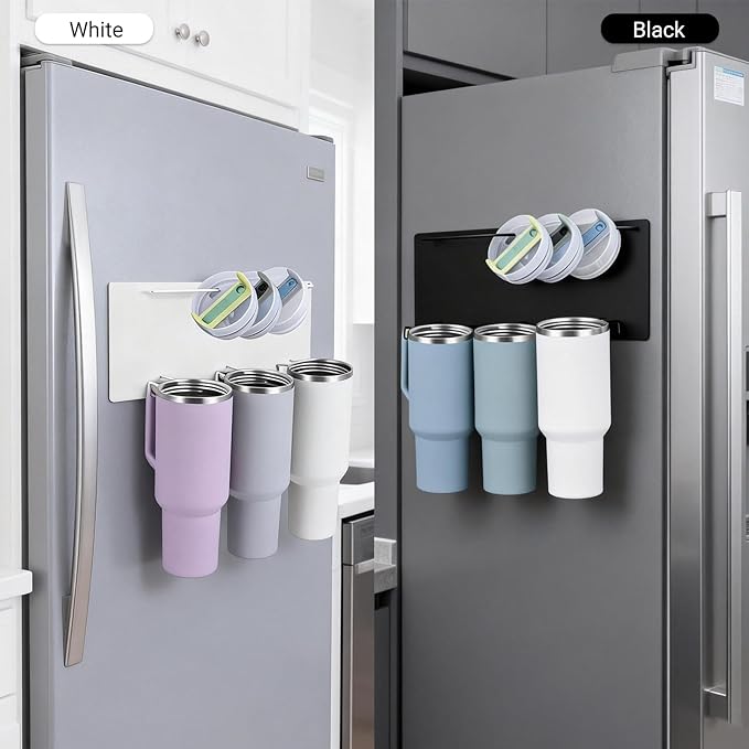 Magnetic Stanley Cup Holder for Refrigerator - Waycco Upgraded 2-in-1 Tumbler Organizer with Lid Hanging Bar & Slide-in Hooks, Fits Stanley Adventure Mug, Yeti Rambler & Most Handle Mugs