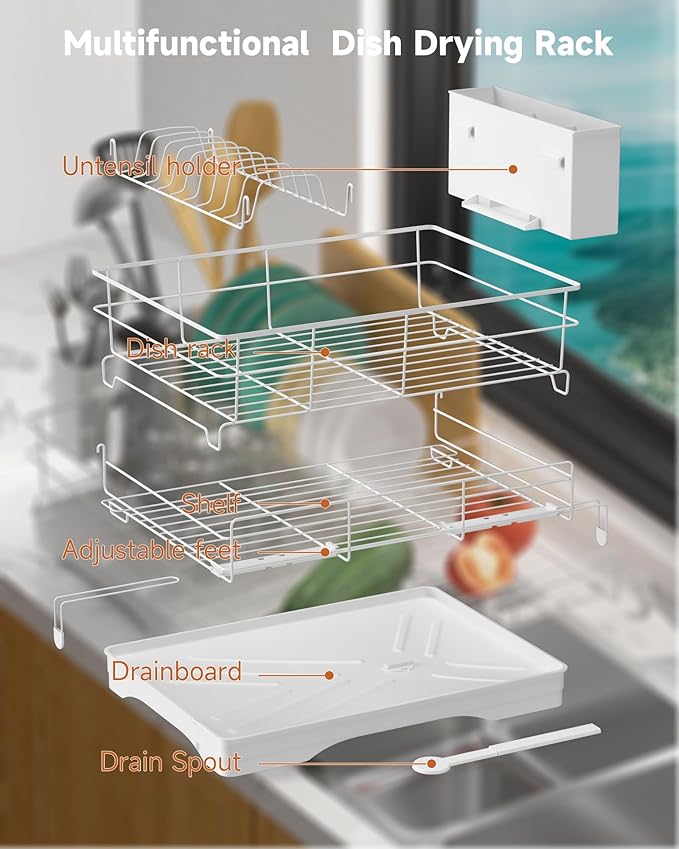 Dish Drying Rack Expandable Rack for Kitchen Counter, Carbon Steel Dish Racks Rust-Proof Large Capacity Dish Drainer with Utensil Holder, Space Saving for Bowls, Plates & Cups, White