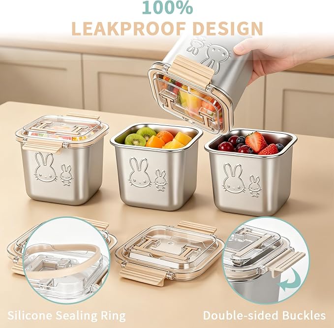 4 Pack Stainless Steel Food Containers with Handle Lids, 850ml 29oz 100% Leakproof Stackable Lunch Box Set, Reusable Metal Snack Containers with Rabbit Print, Food-grade, Dishwasher Safe