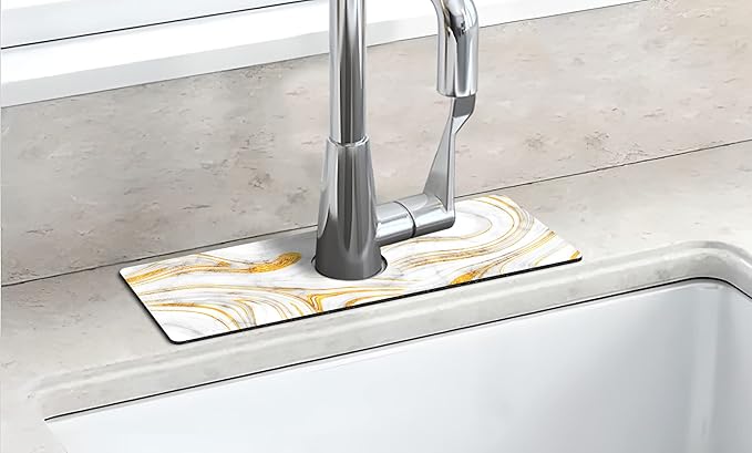 Kitchen Sink Splash Guard Faucet Mat Super Absorbent Fast Drying Mat Sink Gadgets Splash Guard Behind Faucet Drip Catcher for Kitchen (Marbling, 15x5.5in)