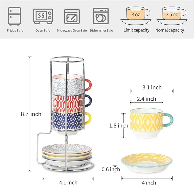 Selamica Ceramic Espresso Cups with Saucers and Metal Stand, 2.5 OZ Stackable Demitasse Cups for Espresso Latte Café Mocha, Set of 4, Assorted Colors