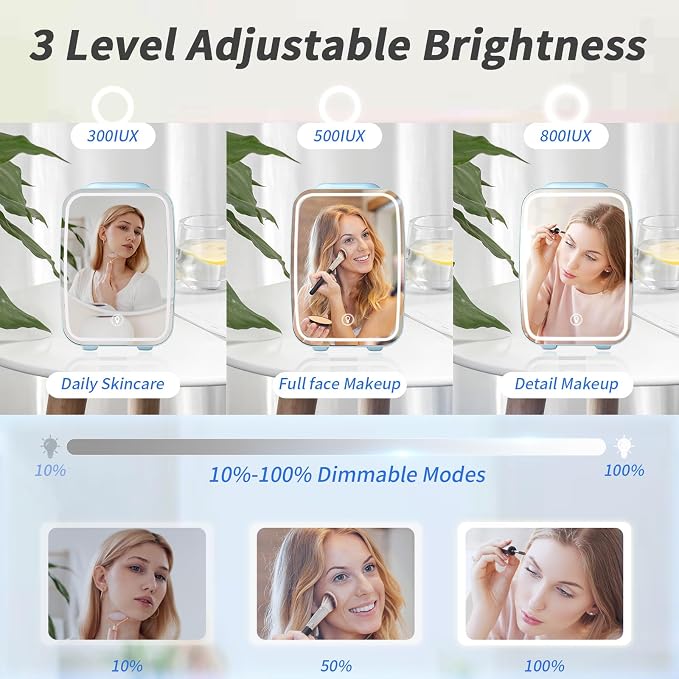 OSTBA Skincare Fridge Mini Fridge for Bedroom with Dimmable LED Mirror, 4Liter/6 Cans Cooler and Warmer for Makeup, Cosmetic, Beauty, Portable Refrigerator for Bedroom, Vanity, Office and Car