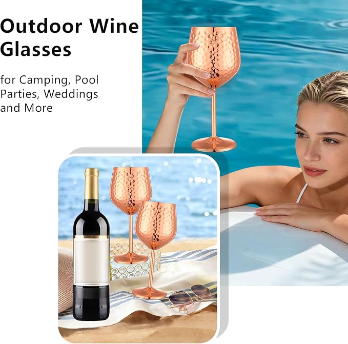 UNISWEET Stainless Steel Wine Glasses Set of 4 Unbreakable (Rose Gold) | 17 oz Large-capacity Hammered Goblets, Lightweight & Reusable, Good for Outdoor, Camping, Pool Travel, Gift for Wine Lovers