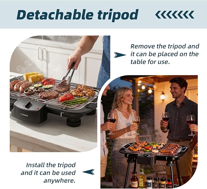 Electric Grill Outdoor Indoor Cooking,Smokeless BBQ,Portable Removeable Stand Grill, (YD301 Upgrade)