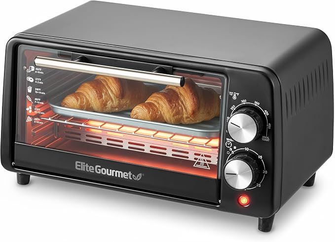 Elite Gourmet ETO449X Countertop Toaster Oven, 9.5Qt / 4-Slice Capacity, Fits 8'' Pizza, 800W Quartz Heating, 200–450°F Adjustable Temperature, 30-Min Timer, Compact Mini Oven, Black