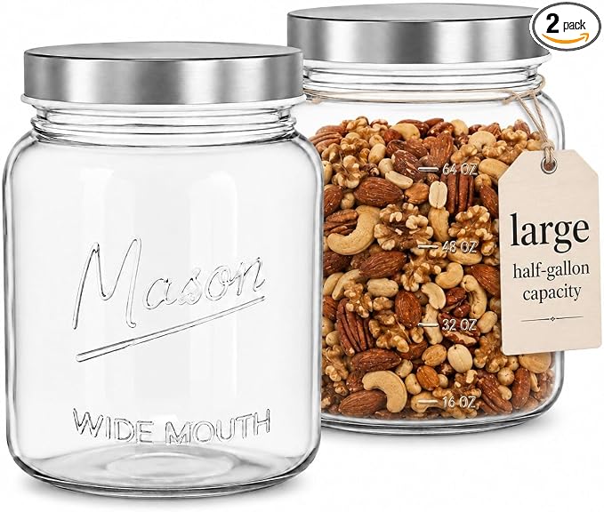 Kitchentoolz 64 oz Mason Jars Wide Mouth 2-Pack – Half Gallon Glass Jar with Lid – 1/2 Gallon Large Mason Jars with Lids for Food Storage, Canning, and Fermenting