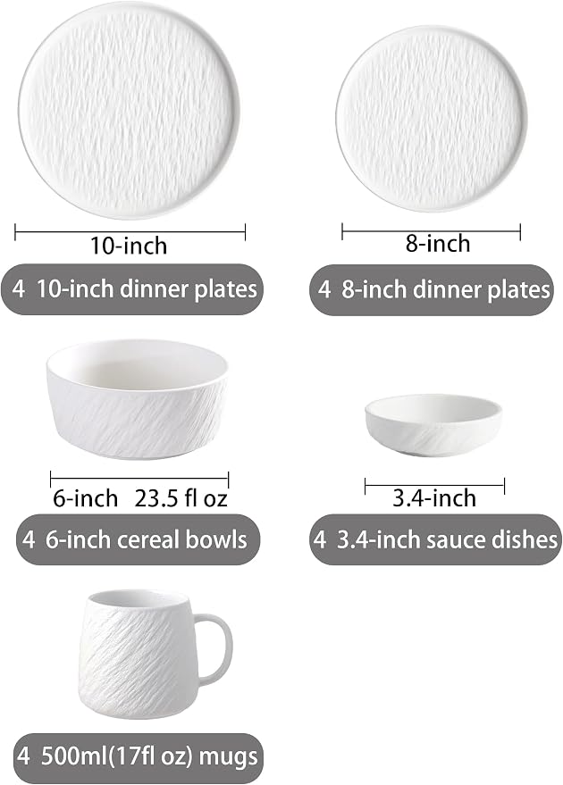 Ceramic Dinnerware set with Mugs for 4, 20 pcs, Dish set for 4 | Porcelain Plates and Bowls Cup Set for Kitchen, White Dishware Sets Stoneware Dinner Plates Sets Platos de Cocina Vajilla