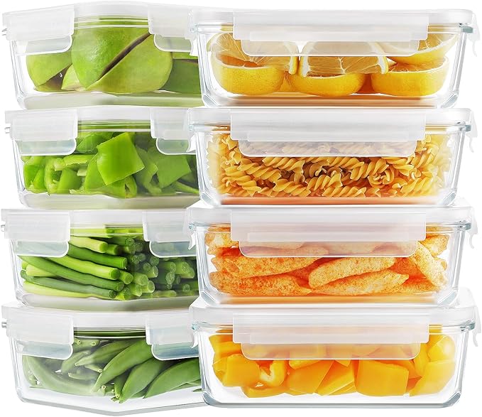 Bayco 8 Pack Glass Food Storage, Meal Prep Containers, Airtight with Lids - BPA-Free & Leak Proof (8 lids & 8 Containers) 30oz