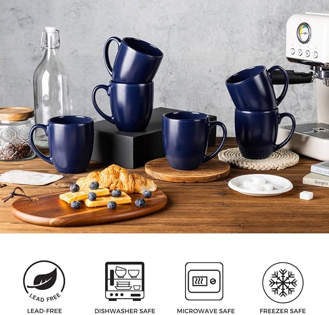 GBhome 12oz Coffee Mugs Set of 6, Large Ceramic Coffee Mugs for Man, Woman, Dad, Mom, Modern Coffee Mugs Set with handle for Tea/Latte/Cappuccino/Milk/Cocoa. Dishwasher&Microwave Safe,Navy Blue