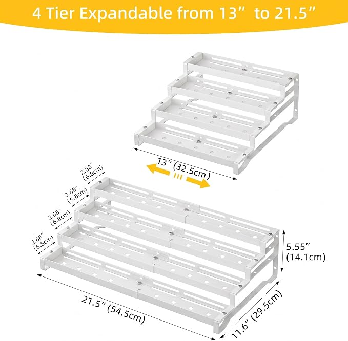 4-Tier Spice Rack Organizer, 13"-21.5" Expandable Spice Organization Shelf, Metal Seasoning Organizer for Kitchen Countertop or Pantry, Slip-Resistant Design for Jars and Bottles, White