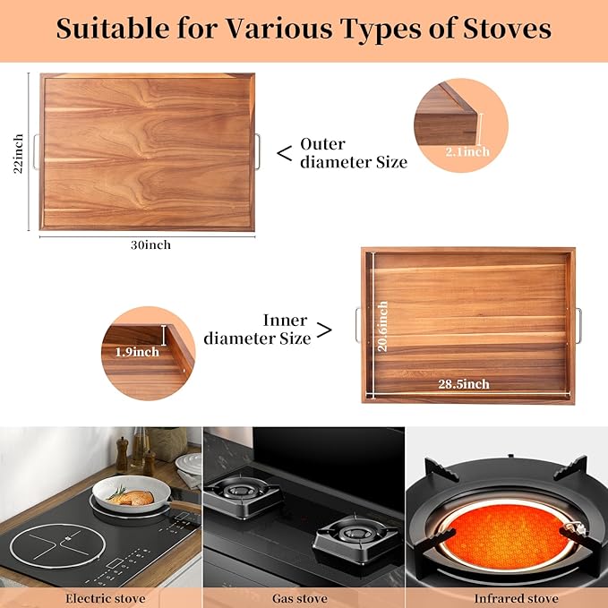 Noodle Board Stove Cover with Handles, Acacia Noodle Board Stove Top Covers for Gas Burners and Electric Stove, RV Stovetop Cover, Serving Tray for Kitchen Counter Space (30" x 22")