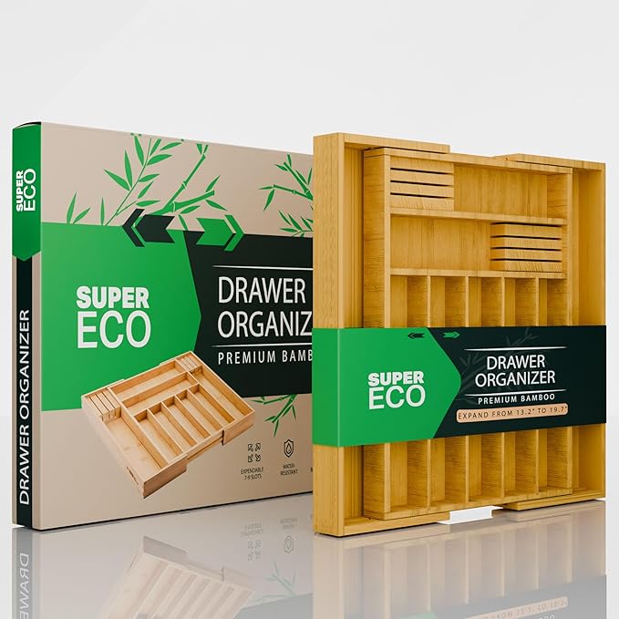 Bamboo Kitchen Drawer Organizer - Bamboo Expandable Drawer Organizer Utensil Holder & Cutlery Tray - Adjustable Wood Drawer Dividers Organizer for Silverware, Flatware, Knives (9 Slot)