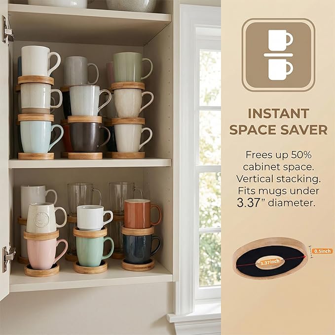 Mug Organizer - Wooden Coffee Mug Stackers, Mug Organizer for Kitchen Cabinet,Equipped with Food Grade Non-Slip Pad 6 Pack