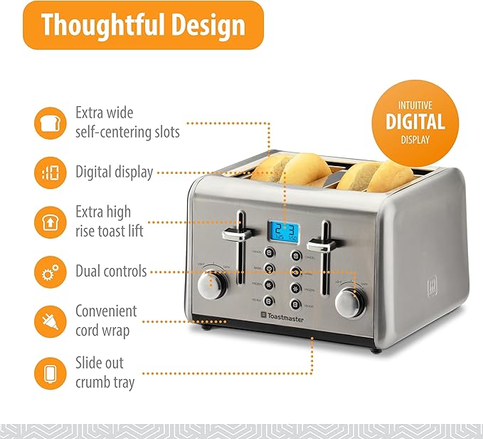 Toastmaster 4-Slice Digital Toaster - Stainless Steel with Reheat, Frozen, Bagel & Cancel Buttons - Kitchen Essential for Toasting Sandwich Bread - Four-Slot Toaster with Digital Display