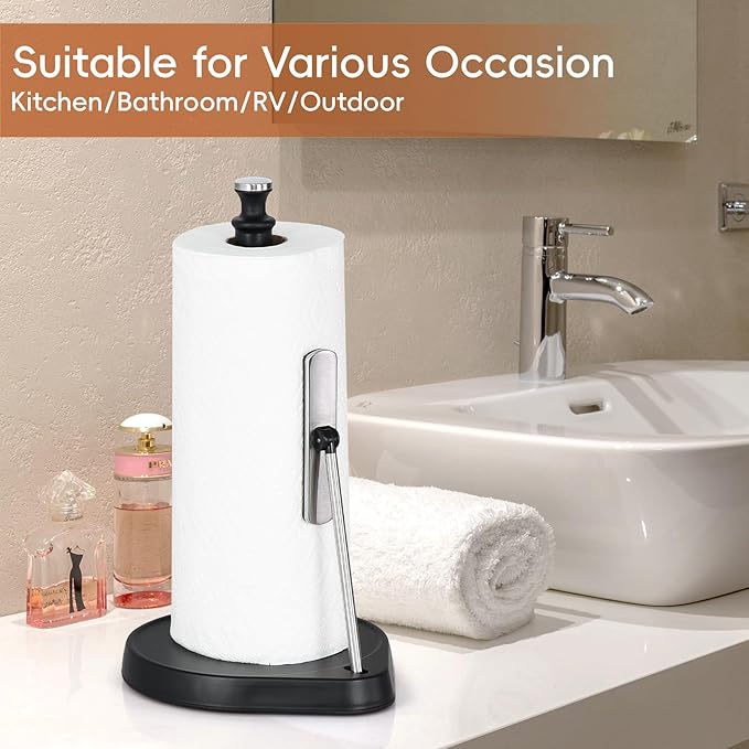 Dailyart Paper Towel Holder with One Hand Tear, Tension Arm & Non-Slip Weighted Base - Stainless Steel Kitchen Counter Stand for Paper Roll, Silver