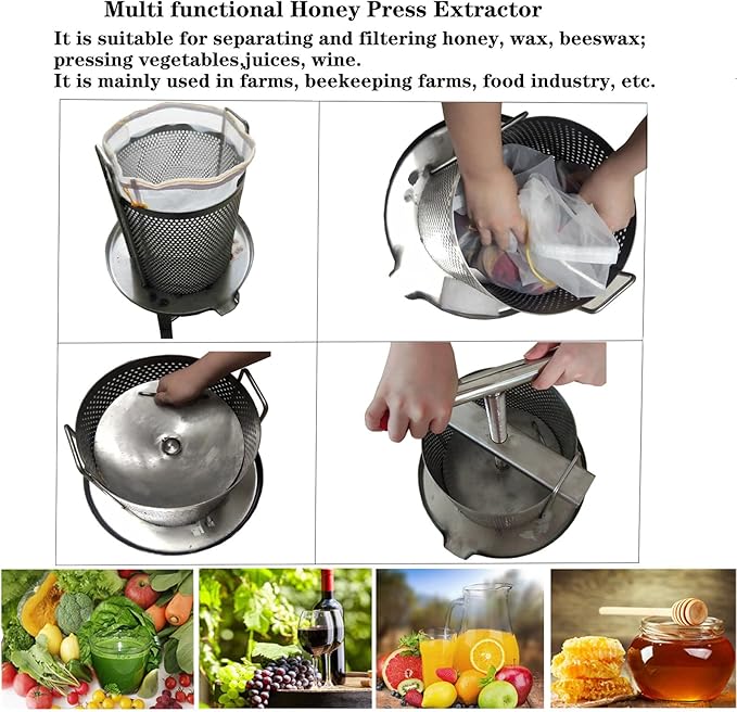 Honey Press Extractor Wax Machine Stainless Steel Honey Press Beeswax Machine Manual Large Bee Honey Presser Fruit Wine Press For Honey Wine Juice Vegetables Olive Oil Making
