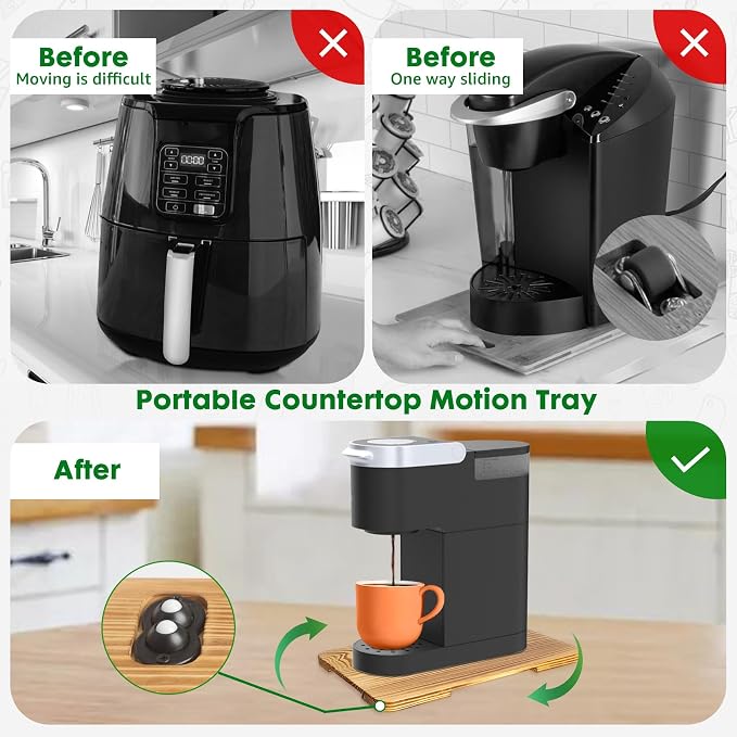 Appliance Slider 360° Rolling Tray for Coffee Maker- Bamboo Coffee Pot Slider Tray Countertop Rotation Sliding Tray with Wheels, Small Appliances Mat (Small 13.9"×9.4")