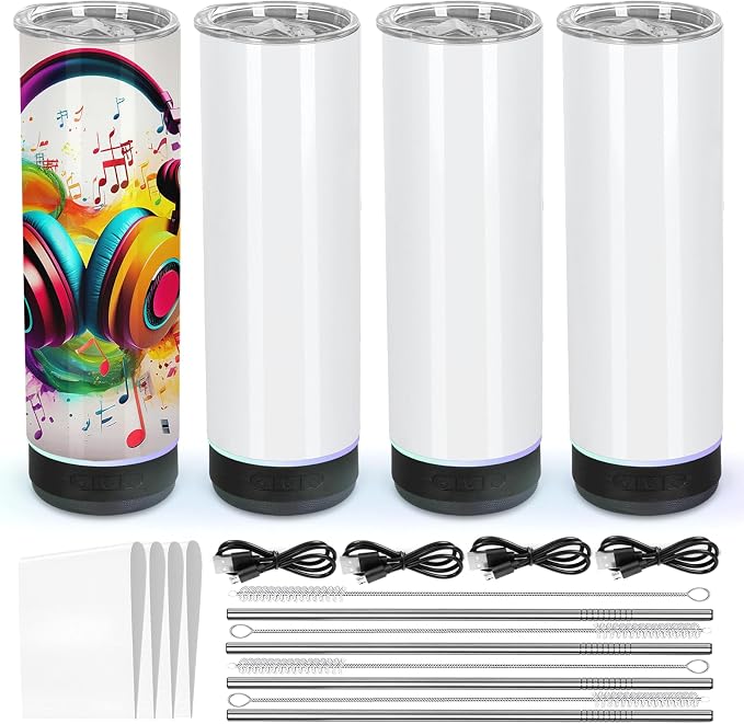 4 Pack 20 Oz Music Speaker Tumbler, Sublimation Music Tumbler Blanks, Double Wall Vacuum Insulated Coffee Mug with Detachable LED Light, Speaker Cup (Black)