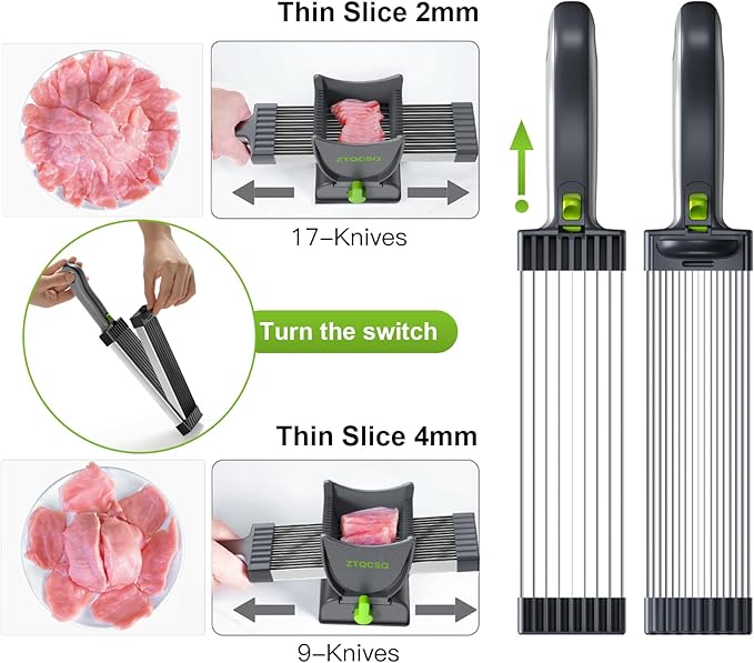 New Meat Slicer for Fresh Raw Meat (Steady Grip), Meal Prep, Thickness Adjustable 2 or 4 mm Manual Cutter, Quick Slice Slicing Shredding, Beef Pork Mutton for Cooking BBQ Hot Pot -Gray